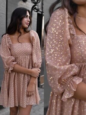 Storia tan and Gold flaked Dress boho baby doll short dress romantic medium